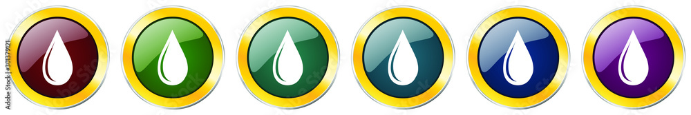 Poster water drop glossy icon set, silver metallic golden vector illustrations in 6 options for web design 
