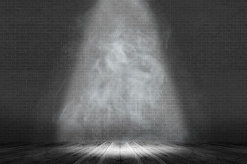 lighting and smoke on stage with brick wall and floor wood