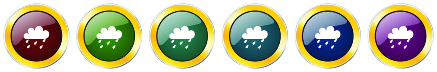 Rain glossy icon set, silver metallic golden vector illustrations in 6 options for web design and mobile applications