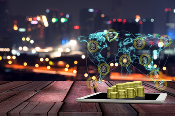 Digital money with bitcoin symbol and network connection concept.