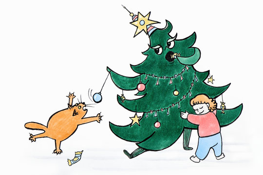 Drawing of a funny situation when a boy saves a Christmas tree from a cat, and he wants to jump on a Christmas ball.Hello, New year!
