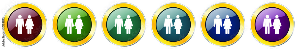 Poster couple glossy icon set, silver metallic golden vector illustrations in 6 options for web design and 