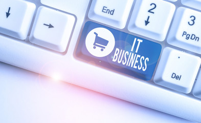 Writing note showing It Business. Business concept for organization uses information technology to achieve goals White pc keyboard with note paper above the white background