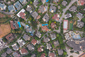 Aerial shot overlooking beautiful town residential colored roof top view