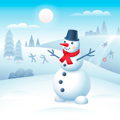Vector Illustration of a cute snowman in scarf and bucket hat on winter landscape