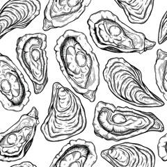 seamless pattern of different oysters. sketch style hand drawn vector illustration isolated on white background