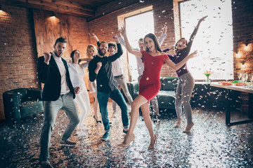 Full body photo of friends meeting rejoicing dance floor x-mas party festive cool mood glitter air...