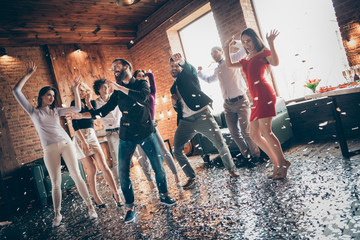 Full length photo of friends gathering dance floor x-mas students party amazing mood youth moves...
