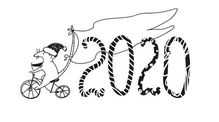 Christmas doodle sketch. Figures 2020 and a mouse on a bicycle, the symbol of the coming year. Hand drawing. New year elements for design. Stock vector isolated on white background