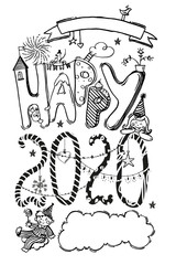 Doodle hand drawn sketch, new year card. Happy New Year. Figures 2020, happy children, garlands, snowflake, mouse. Cute cartoon style. Stock vector illustration isolated on white background