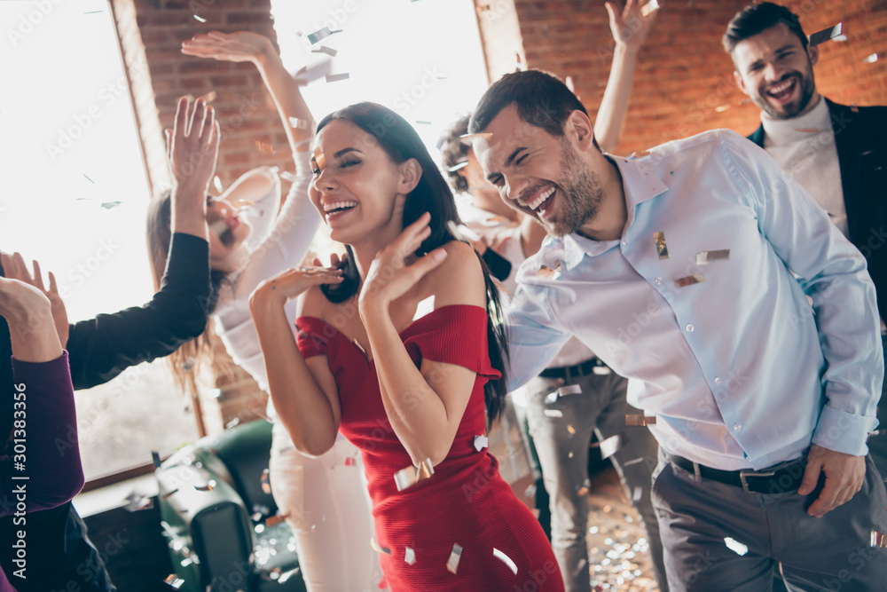 Poster Photo of crowd group best friends dance floor congratulating girlfriend birthday party fellowship wear formalwear red dress shirts favorite restaurant place indoors