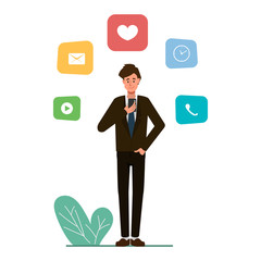 man using a mobile phone infographic. business man character.