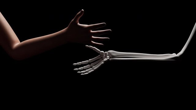 A person shakes the offered hand of the death which leads to immediate positive change. A concept of realization that life is finite and acceptance of one's own mortality. 3D rendered animation.