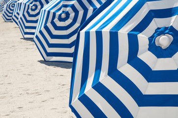 Classic blue and white striped beach umbrellas lined up along the sand on Miami Beach, Florida