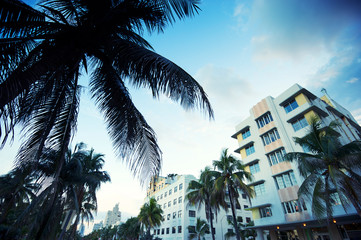 Fototapeta na wymiar Quiet dusk view of the Art Deco skyline on Ocean Drive in South Beach, Miami, Florida