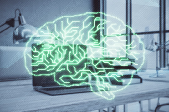 Brain sketch hologram with desktop office background. Double exposure. Brainstorm concept.