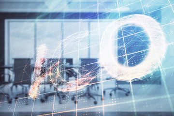 Blockchain theme hologram on conference room background. Double exposure. Concept of cryptocurrency