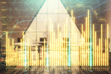 Double exposure of forex chart on conference room background. Concept of stock market analysis