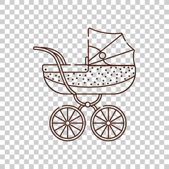 Fototapeta na wymiar Baby purple stroller with white polka dots. Vector isolated object on a transparent background. Birth of a baby boy or girl. Outline illustration icon