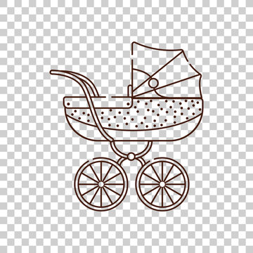 Baby purple stroller with white polka dots. Vector isolated object on a transparent background. Birth of a baby boy or girl. Outline illustration icon