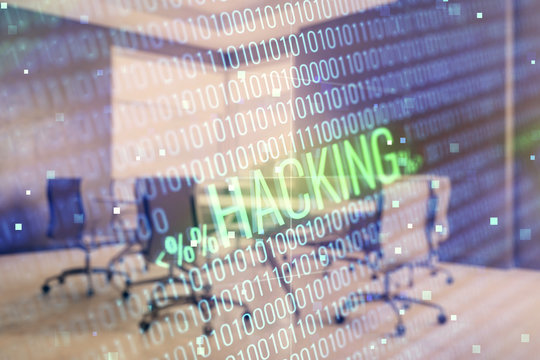 Double exposure of hacking theme hologram on conference room background. Concept of cyberpiracy
