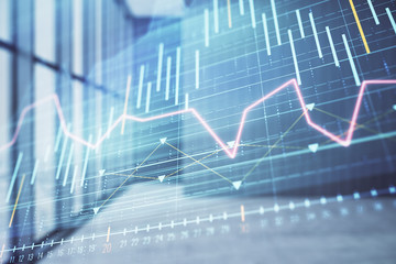 Double exposure of financial chart on empty room interior background. Forex market concept.