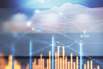 Double exposure of financial graph on empty room interior background. Forex market concept.