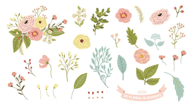 Vector isolated floral illustration set. Bouquet, flowers, leaves, branches, elements collection - perfect for bouquets, wreaths, arrangements, wedding invitations, anniversary, birthday.