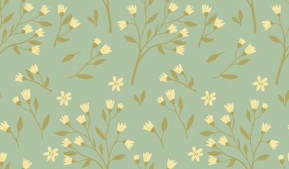 Fototapeta premium Vector seamless floral pattern with flower branches on green background, perfect for wrappings, wallpapers, postcards, greeting cards, wedding invitations, romantic events, etc.