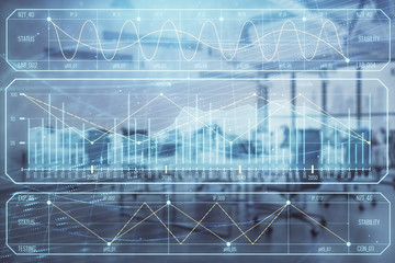Stock and bond market graph with trading desk bank office interior on background. Multi exposure. Concept of financial analysis