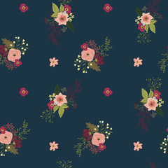 Vector floral seamless pattern on navy background with flower bouquets and buds. Modern design for wedding, invitations, paper, cover, fabric, interior decor, etc. Ideal for baby girl design.