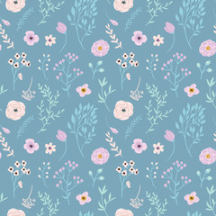 Vector floral seamless pattern on blue background with flowers and branches elements. Modern design for wedding, invitations, paper, cover, fabric, interior decor, etc. Ideal for baby girl design.