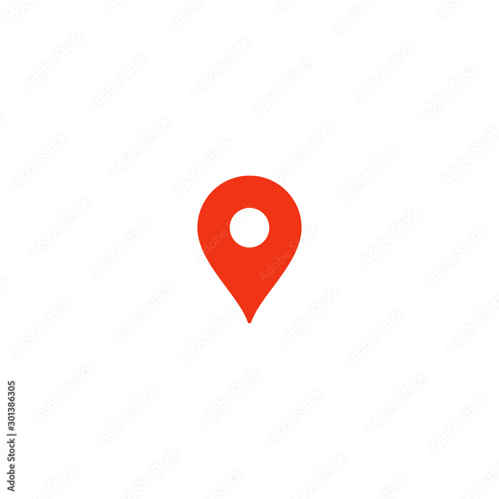 Fototapete Location pin icon. Red pointer. Simple flat point template. Infographic design element for navigation app, place on map mark. Isolated vector illustration on white background.