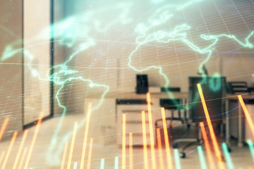 Stock and bond market graph and world map with trading desk bank office interior on background. Multi exposure. Concept of international finance