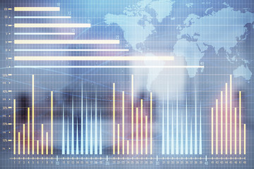 Stock and bond market graph and world map with trading desk bank office interior on background. Multi exposure. Concept of international finance