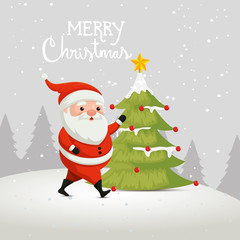 merry christmas poster with santa claus and pine tree vector illustration design