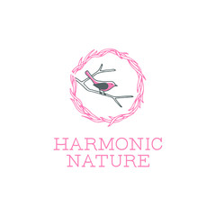 magpie logo modern fun feminine bird standing in tree branch with nature pink circle frame for icon design template