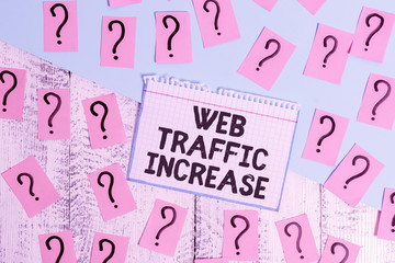 Writing note showing Web Traffic Increase. Business concept for Expand Visitors to a Website a number of Visits Scribbled and crumbling papers with thick cardboard above wooden table