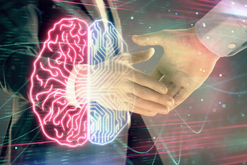Multi exposure of human brain drawing on abstract background with two men handshake. Concept of...