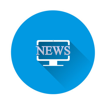 Vector news icon and computer monitor on blue background. Flat image with long shadow.