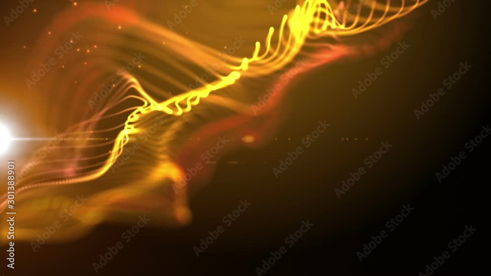Poster Lines structure waving with animated particles and lights structure over it. Orange yellow abstract technology and engineering motion background. Depth of field settings. 3D rendering