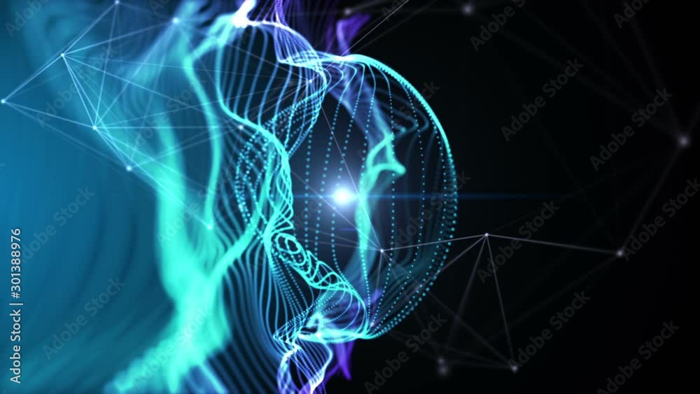 Poster Particles structure waving with animated plexus structure and light pulse passing over it. Blue abstract technology and engineering motion background. Seamless loop. Depth of field. 3D rendering