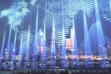 Double exposure of financial graph and world map on city veiw background. Concept of financial market research and analysis