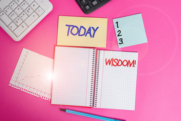 Text sign showing Wisdom. Business photo showcasing the ability to use your knowledge and experience to make decisions Writing equipments and computer stuffs placed above classic wooden table