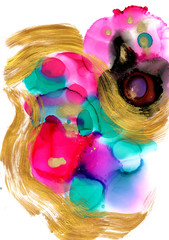 Alcohol ink.  Background. White Marble Texture. Sophisticated Illustration. Gold Watercolor Paint. Colorful Faded Flow. Abstract Ethereal Fluid. Golden Liquid Texture.