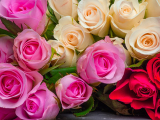 Bouquet of colorful flowers, composition of multi-colored roses. Festive background for the postcard, weeding, 14th february concept, Selective focus