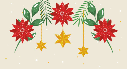 flowers christmas with stars hanging vector illustration design