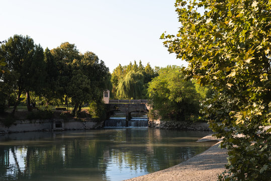 View of the waterfall of the garden in Villa Belvedere in Mirano Italy