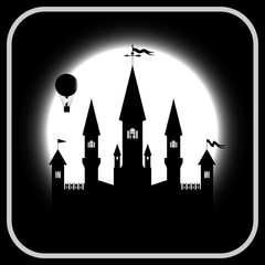 Black silhouette of a castle with towers and a balloon against the backdrop of a huge moon
