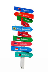 AEC country name on multicolor wood signboard isolate on white background